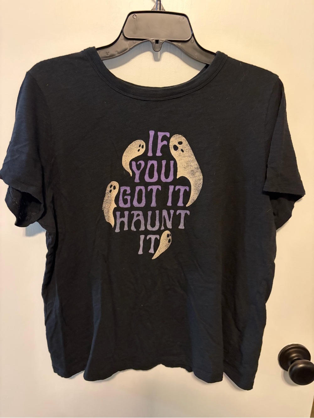 Old Navy Black Short Sleeve Tee with Purple & Cream Ghost Graphic